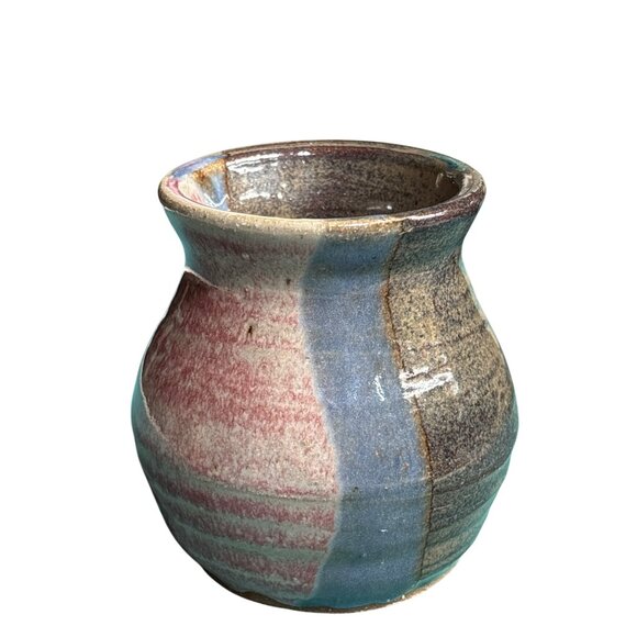 VTG Stoneware Vase With Blues Pink Natural Glaze Handcrafted Signed - Picture 3 of 7